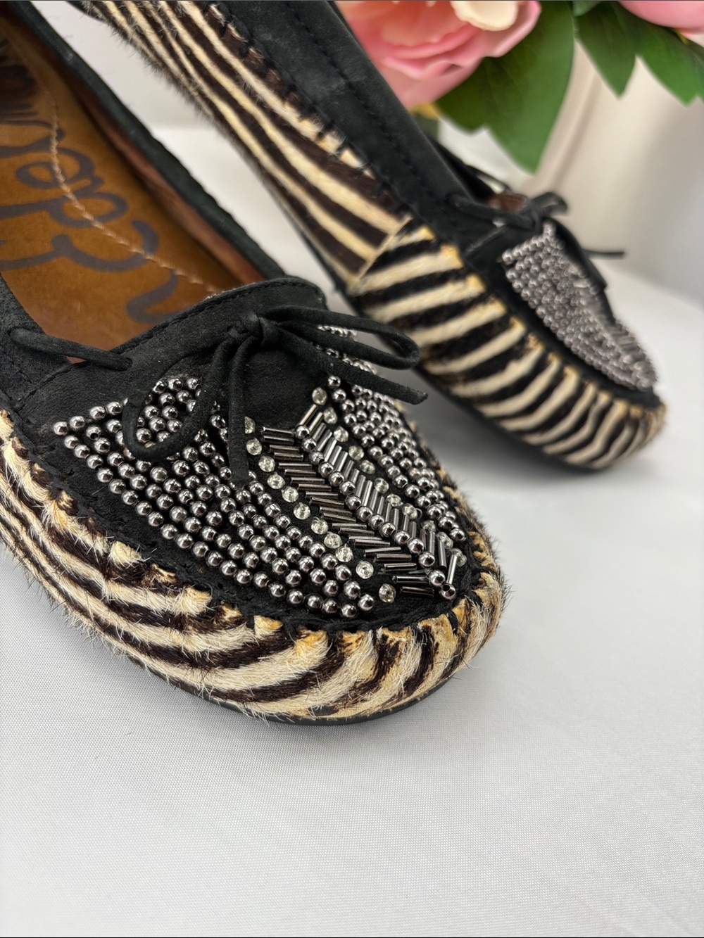 Sam Edelman Womens 8.5 Black & Cream Zebra-Print Studded Ballet Flats #733 - Picture 5 of 15
